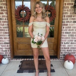 Elegant Champagne Off-Shoulder Dress